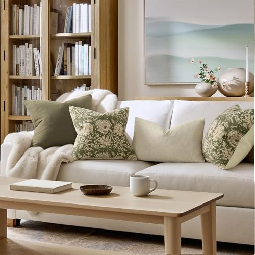 Vintage Floral Print Throw Pillow Covers 18x18 Set of 2 Neutral Modern Farmhouse Pillowcases Accent Decorative Cushion Covers Boho Home Decor for Couch Sofa Chair Bed Living Room, Olive Green - color: Olive Green, size: 18" x 18" (Pack of 2)