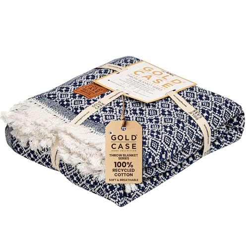 Gold Case Throw Blanket for Couch - 100% Recycled Turkish Cotton Blankets & Throws - Retro Soft Throw Blankets for Living Room - Boho Decorative Woven Couch Blanket - 60x80 - Navy Blue - color: Retro Navy Blue, size: 60x80"