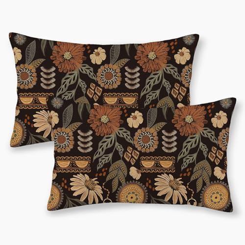 Boho Brown Plant Pillow Covers 12x20 Inch Set of 2, Boho Floral Outdoor Decorative Brown Tropical Leaves Throw Pillows Retro Bohemian Flower Couch Cushion Case for Chair Sofa Bedroom - color: Vc1, size: 20" x 12" (Pack of 2)