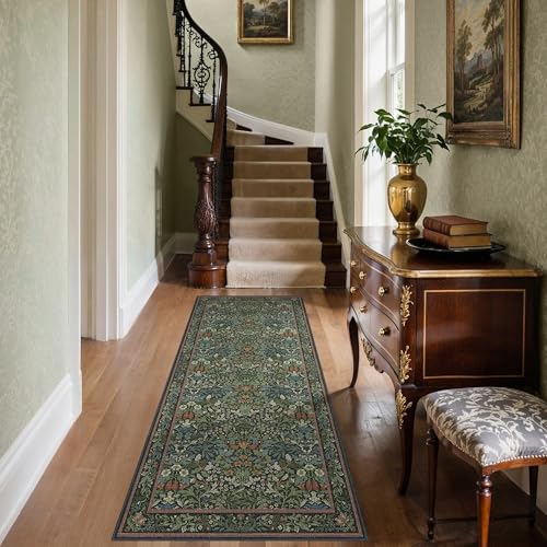 Bavni 2x10 Runner Rug Non Slip, Kitchen Rugs Non Slip Washable, Thin Bathroom Runner for Hallway Laundry Room Entryway, Ultra Soft Botanical Carpet, Modern Boho Floral Indoor Floor Decor, Dark Green - color: Dark Green, size: 2' x 10' (Rectangular)