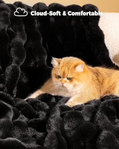 Ultra Soft Cozy Faux Fur Throw Blanket, Fuzzy Plush Thick Bubble Blanket, Oversize Luxury Fluffy Blanket for Couch, Bed, and Living Room, 60x80 Inches, Black - color: Black, size: Twin
