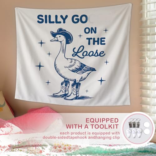 Lacama Blue Funny Tapestry, Cute Goose Tapestry for Bedroom Teen Girls Room College Dorm Apartment, Preppy College Dorm Decor, Sorry I’m late, Goose on the Loose Blanket for Friend 50x60 - color: silly goose-1-blue