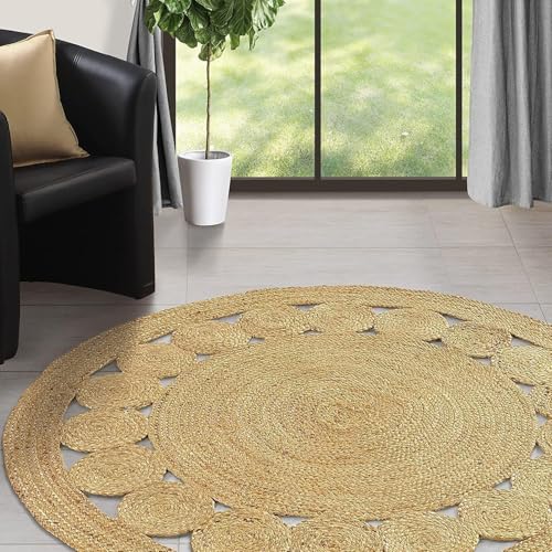 GRUHUM Jute Area Rug 7ft Natural Fiber Round Handmade Boho Charm Farmhouse Soft Bohemian Braided Reversible Rustic Vintage Rugs for Indoor Kitchen Bedroom Living Room Hallways Enterways(7'ft Round) - color: Natural- 28, size: 7' (Round)