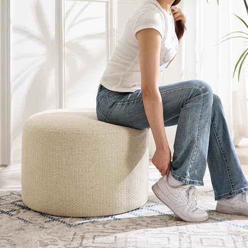 Boho Round Ottoman Set of 2, Soft Pouf Ottoman, Farmhouse Footstool with Soft Padded Seating & Solid Wood Frame, Upholstered Vanity Stool Accent Seat for Living Room, Bedroom, Beige Woven Linen - color: Beige Weaving Linen Rope, size: Set of 2