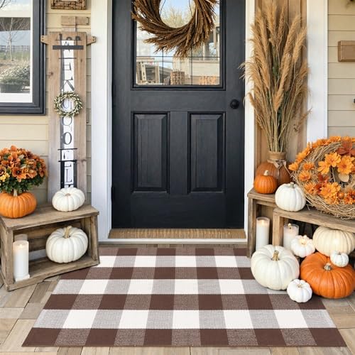 KIMODE Fall Decor Front Door Mat Buffalo Plaid Outdoor Rug 27.5"x43" Brown and White Checkered Rug Farmhouse Fall Thanksgiving Front Porch Rug Washable Cotton Layered Doormats Autumn Mats - color: Coffee/White, size: 2'4" x 3'7" (Rectangular)