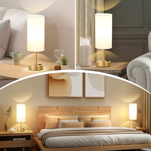 Dicoool Elegant Gold Touch Table Lamp, Modern Wedding Gift for Couples, Bedside Lamps with USB-C USB-A Charging Ports, 3 Way Dimmable Small Lamp for Office, Living Room, Bathroom - color: White-Gold, size: 14in