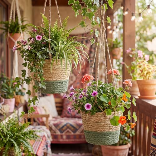 6 Pcs Seagrass Hanging Planter Basket Hand Woven Plant Basket with Plastic Liners Hanging Plant Holder Storage Containers with Cotton Rope for Indoor Garden Decor (Small,Brown,Green) - color: Brown, Green, size: Small