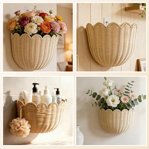 Scalloped Wall Basket, 2 Pack Hanging Wicker Wall Baskets,Hand Woven Wall Storage Organizer, 2 Sizes Wall Baskets Storage for Home, Bathroom, Kitchen, Living Room