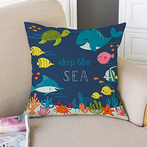 Cartoon Fish Whale Throw Pillow Cover 18 x 18 Inch, Cartoon Underwater Ocean Theme Sea Animal Nature Shark Turtle Decor Linen Cushion Cover for Sofa Couch Bed - color: Tss40