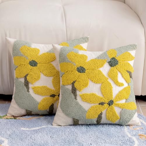 Summer Floral Throw Pillow Covers 20x20 Inch Set of 2, Chenille Embroidered Pillowcase with 3D Tufted Yellow Flowers Sage Green Leaves, Boho Decorative Cushion Covers for Couch Sofa Bed - color: Yellow, size: 20" x 20" (Pack of 2)