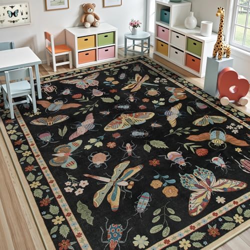 Beeiva Insect Print Rug 8x10, Washable Throw Rugs for Bedroom Under Bed, Boho Non Slip Low Pile Ultra Thin Foldable Large Carpet for Kids Room Playroom Living Room Decor(Black,8x10ft) - color: Black, size: 8' x 10' (Rectangular)