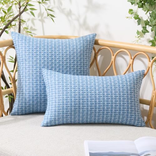 UGASA Outdoor Waterproof Pillow Covers Pack of 2 Weaving Texture Water Resistant Outside Decorative Pillow Cases for Patio Garden Porch Yard Bench Tent 18x18 Inch, Light Blue - color: Light Blue, size: 18" x 18" (Pack of 2)