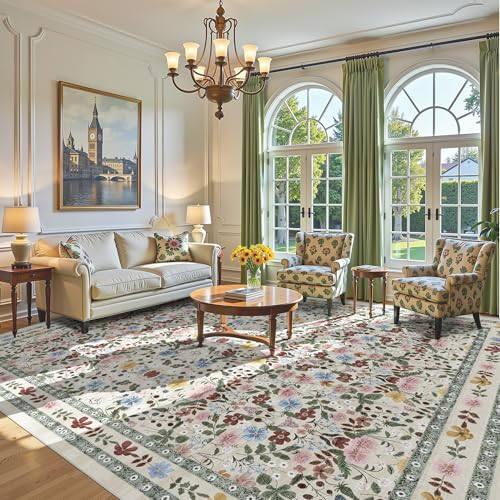 Deerly Vintage Washable Extra Large Area Rug 10x12 for Living Room Floral Rug Soft Low Pile Indoor Carpet for Bedroom Boho Non-Slip Floor Mat for Dining Room Playroom Farmhouse, Beige/Green/Multi - color: Beige/Green/Multi, size: 10' x 12' (Rectangular)