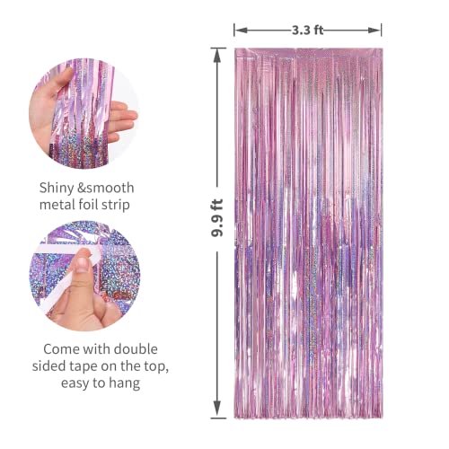 Crosize 2 Pack 3.3 x 9.9 ft Laser Pink Foil Fringe Backdrop Curtain, Streamer Backdrop Curtains, Streamers Birthday Party Decorations, Tinsel Curtain for Valentine‘s Day Parties, Galentines Decor - color: Iridescent Pinkish, size: 2 Pack