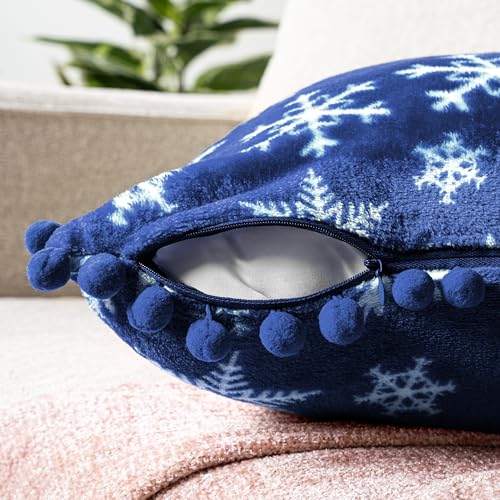 PAVILIA Snowflake Blue Throw Pillow Covers with Pom Pom 18x18 Set of 2, Christmas Decorative Pillow Cases for Bedroom, Holiday Small Pillows Set for Bed, Velvet Winter Plush Cushion Covers Sofa Couch - color: Snowflake Blue, size: 18" x 18" (Pack of 2)