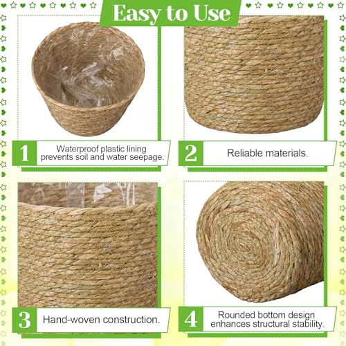4 Pcs Straw Plant Baskets Indoor Rattan Woven Flower Baskets with Plastic Liner, Cattail Plant Planter for Indoor Outdoor Rustic Boho Home Farmhouse Floor Potted Pots Decor - color: Natural, size: L(7.09" Top D X 6.3" Bottom D X 6.3"h), style: Cattail