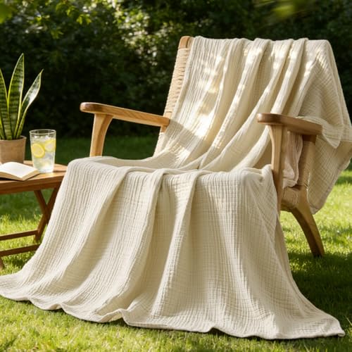BEDELITE 100% Cotton Muslin Blankets for Adults - 4-Layer Large Throw Breathable and Lightweight Gauze Blanket for Couch, Bed, Travel and Summer, Soft & Cozy Gift for Women, Beige, 50"x70" - color: Beige, size: Throw XL(50"x70")