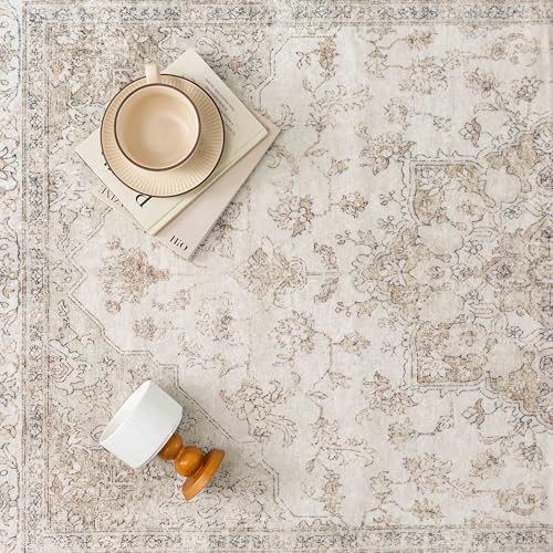 PureCozy Beige Runner Rug 2x6 Washable Vintage Long Carpet for Hallway Kitchen Soft Retro Low Pile Thin Indoor Runner Non Slip Oriental Medallion Throw Rug for Bathroom Bedroom Laundry Dining Room - color: Beige, size: 2' x 6' (Runner)