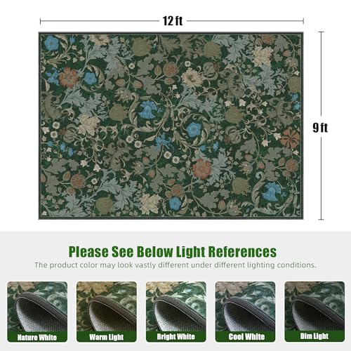 Forest Green Washable Floral Area Rug 9x12 for Living Room, Vintage Farmhouse Botanical Rug, Non Slip Low Pile Thin Floor Decor Extra Large Soft Decorative Carpet for Bedroom Dining Room Home Office - color: Green, size: 9'x12'