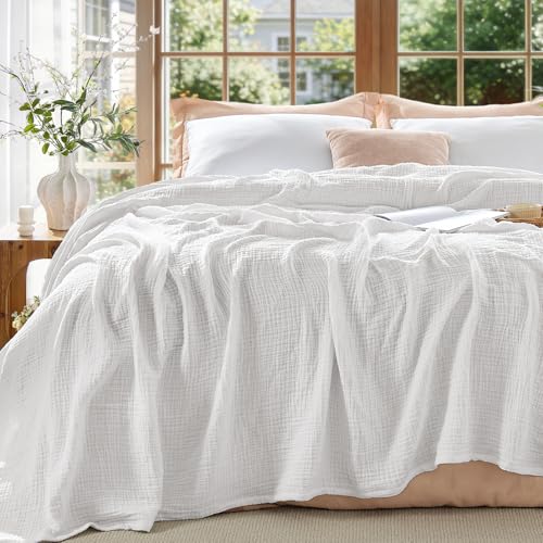 BEDELITE 100% Cotton Muslin Blankets for Adults - 4-Layer King Size Breathable and Lightweight Gauze Blanket for Couch, Bed, Travel and Summer, Soft & Cozy Gift for Women, White, 108"x90" - color: White, size: King(108"x90")