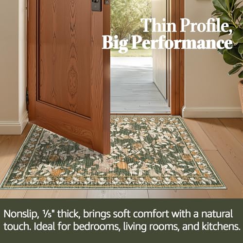 jinchan Eden Floral Area Rug 2x3 Entryway Vintage Washable Indoor Doormat Accent Rug Lightweight Soft Small Non-Slip Low Pile Distressed Green Carpet for Entrance Kitchen Bedroom Bathroom - color: Eden Green, size: 2' x 3' (Rectangular)