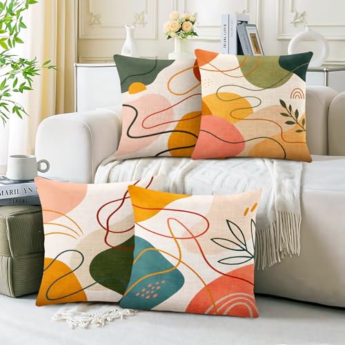BVBOX Set of 4 Throw Pillow Covers 18"x18", Double-Sided Decorative Pillow Cases, Soft Flax/Short Plush Pillow Covers for Bed, Sofa, Couch, Living Room, Bedroom (Flax, Abstract Lines) - color: Abstract Lines