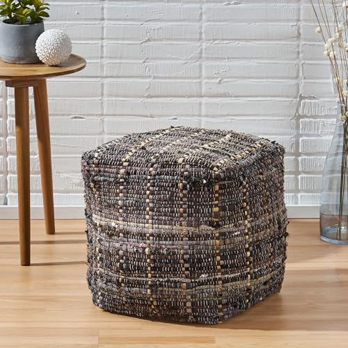 GDFStudio Boho Handmade Fabric Cube Pouf Ottoman Foot Stool - Bean Bag Floor Chair - Foot Rest Couch for Living Room Bedroom Khaki,16" x 16" x 16" - color: Kamil Khaki, size: 16"