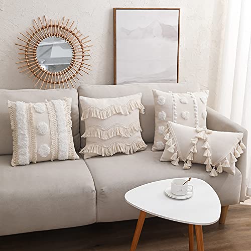 vctops Bohemian Geometric Tufted Throw Pillow Cover Rustic Moroccan Fringe Cushion Cover for Bed Sofa Couch (Beige A,18"x18") - color: Beige a, size: 18''x18''