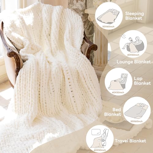 Chunky Knit Blanket - Luxury Soft Cozy 80 * 90 Throw Blanket,100% Woven Blanket Rope Knot Throw Blanket for Couch, Sofa, Home Decor, Gift - Machine Washable (Ivory White, 80 * 90) - color: Ivory White, size: 80*90