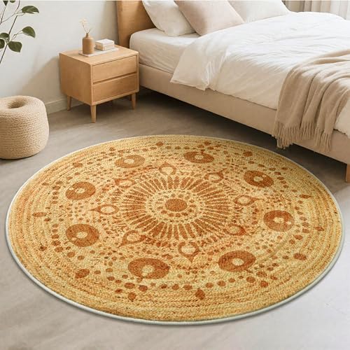 Carvapet 5ft Round Rug - Soft Low Pile 60 inch/152 cm Sunshine Print Washable Circle Carpet with Non Slip Rubber Backing, Foldable Area Rug for Living Room Bedroom Nursery Office Dining Room - color: S-brown, size: 5' (Round)