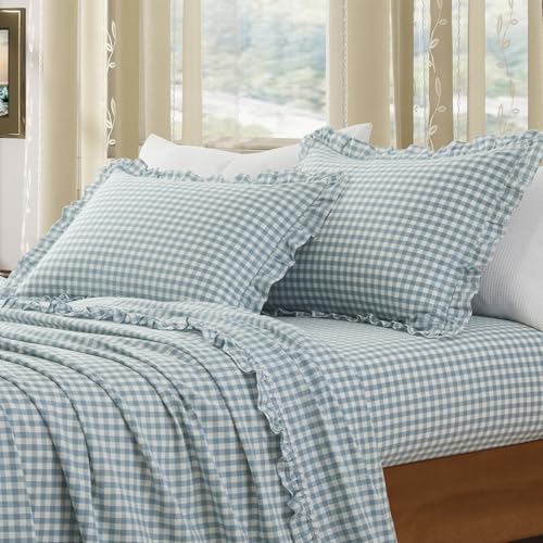 KKJIAF 2 Pcs Plaid Ruffle Pillow Case Queen Size, Cotton Gingham Ruffled Euro Sham Pillow Covers 20x30 Inch, Linen Feel Plaid Bed Pillow Shams with Envelope Closure for Sofa Bed (Dusty Blue Plaid) - color: Dusty Blue Plaid, size: 30" x 20" (Pack of 2)