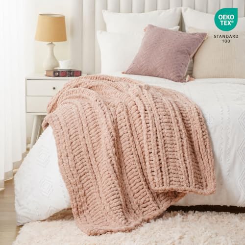 Battilo Chunky Knit Throw Blanket for Couch, Hand Made Chenille Throw Blanket, Super Soft Warm Cozy Pink Blanket for Bed, Sofa, Living Room, 50"x60" - color: Pink