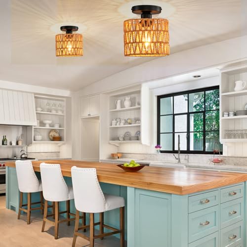 Ceiling Light Fixture,Hand-Woven Rattan Flush Mount Ceiling Light,Farmhouse Light Fixtures Ceiling Mount Boho for Hallway Bedroom Kitchen Entryway Living Room - color: 1 Pack Brown