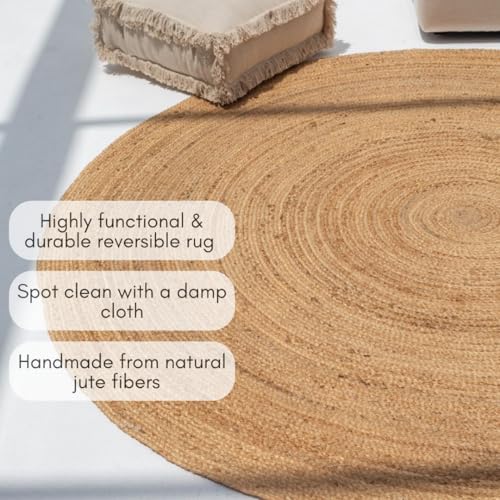 FRELISH DECOR Handwoven Jute Area Rug - 7 feet Round - Natural Yarn - Rustic Vintage Beige Braided Reversible Rug - Eco Friendly Rugs for Bedroom - Kitchen - Living Room - Farmhouse (7' Round) - color: Natural, size: 7' (Round)