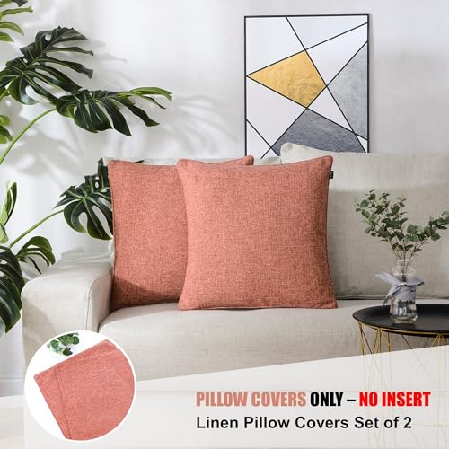 HPUK Linen Throw Pillow Covers Pack of 2, 18x18 Inch Accent Cushion Covers for Living Room, Bedroom, Decorative Solid Color Pillow Covers for Couch, Sofa, Chair, Coral - color: Coral-2pack, size: 18" x 18" (Pack of 2)