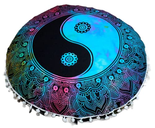 Round Mandala Floor Pillow Cover Seating Cushion Throw Cover Hippie Decorative Bohemian Ottoman Pouf Cover, Pom Pom Pillow Cases,Boho Indian 22 Inches (Multi Color Yin yang) - color: Yin Yang