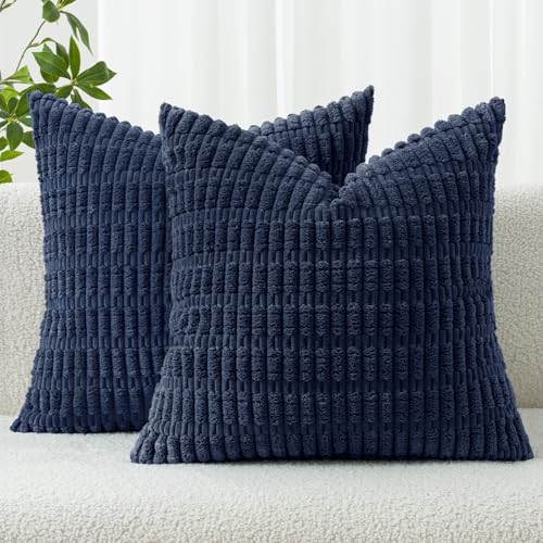 MIULEE Pack of 2 Corduroy Decorative Throw Pillow Covers 16x16 Inch Soft Boho Striped Pillow Covers Modern Farmhouse Home Decor for Summer Coastal Sofa Living Room Couch Bed Dark Blue - color: Dark Blue, size: 16" x 16" (Pack of 2)