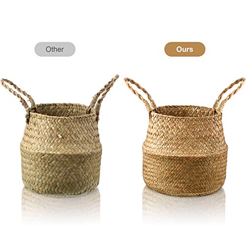 Patelai 3 Set Seagrass Belly Storage Basket Woven Plant Pot Holder with Handles for Plants Picnic Grocery Laundry(Natural Color)