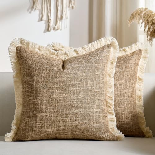 Faux Linen Pillow Covers with Tassels Fringed Boho Farmhouse Decorative Throw Pillowcase Rustic Woven Textured Cushion Case for Sofa Couch Bedroom Living Room Home Decor 18x18 Inch Khaki Set of 2 - color: Khaki, size: 18" x 18" (Pack of 2)
