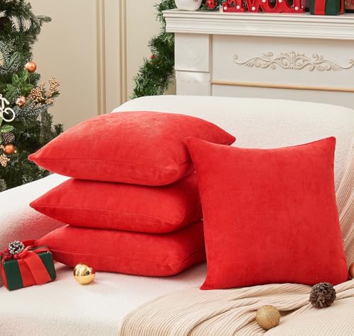 Pack of 4 Christmas Red Pillow Covers 18x18 Inch Chenille Throw Pillow Covers Solid Decorative Soft Xmas Cushion Covers Home Boho Textured Decor for Couch Sofa Bed Living Room - color: Red, size: 18" x 18" (Pack of 4)