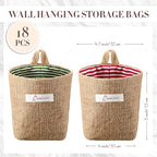Boao 18 Pcs Wall Hanging Storage Foldable Basket Bags for Organizer Decorative Small Cotton Linen Box 5 x 4.7 Collapsible Bin Bag with Handle, Family Door Closet Desktop Gadget Decor