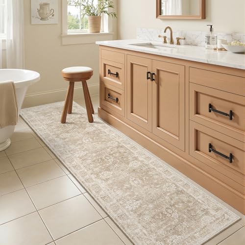 Madane Washable Runner Rug 2x5 with Non-Slip Rubber Backing, Vintage Kitchen Hallway Rug Soft Low Pile Throw Carpet Runner for Entryway Laundry Bathroom Bedroom Living Room (2 x 5, Beige/Brown) - color: Beige/Brown, size: 2' x 5' (Runner)