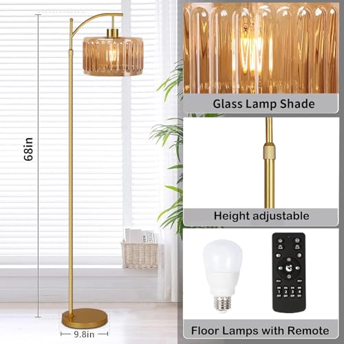 QIYIZM Glass Floor Lamp for Living Room,Bedroom,Gold Dimmable Standing Lamp with Remote,Mid Century Modern Brass Tall Lamp Boho Vintage Retro Floor Lamps Arc Amber Flower Floor Light Lamp Bohemian - size: 24-Floor Lamp