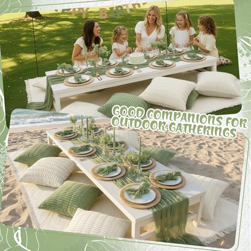 Beeveer 91 x 71 Extra Large Outdoor Boho Picnic Blanket with Sage Green Table Runner, 6 Throw Pillow Covers 6 Napkins Woven Cotton Yarn Oversize Beach Blanket Washable Picnic Camp Wedding - color: Sage Green