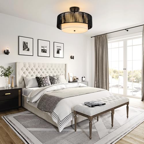 SineRise 16'' Rattan Flush Mount Ceiling Light Fixture,2-Tier Drum Hand-Woven Boho Flush Mount Ceiling Light,Farmhouse Light Fixture for Living Room,Kitchen,Bedroom Foyer Entryway ect.（Black） - color: Black, size: Large Ceiling