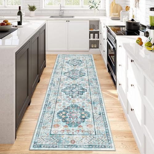 Pauwer Boho Hallway Runner Rug 2x6 Washable Entryway Area Rugs Non Slip Farmhouse Vintage Floor Mat Carpet Runner for Hallways Laundry Room Kitchen Bathroom Bedroom - color: Vintage Distressed Blue, size: 2' x 6' (Runner)