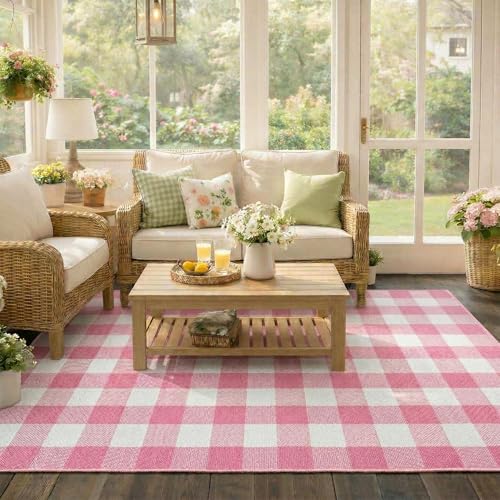 Buffalo Plaid Area Rug, Checkered Rug 27.5x43 Inches, Pink and White Rug, Washable Cotton Mat for Front Porch, Entryway, Kitchen, Living Room, Home Decor - color: Pink & White, size: 2'3" x 3'7" (Rectangular)