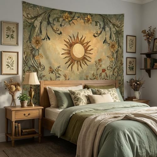 Lifeel Vintage Sun and Moon Tapestry, Boho Retro Green Plant Aesthetics Tapestries for Living Room Dorm, 36x48 inches - color: cream, size: 48"L x 36"W