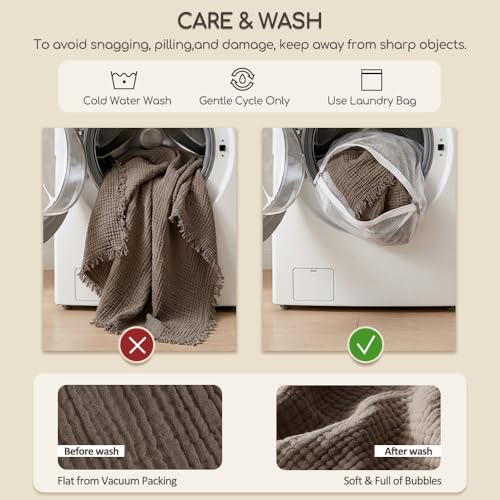 WDCOZY 100% Cotton Muslin Blanket Oversized King 4-Layer for Bed Breathable Lightweight Soft Large Boho Farmhouse Linen Tassels Ruffle Gauze Blankets 102x120 Inches Brown Mocha Chocolate Coffee Taupe - color: Mocha, size: Oversized King (102"x120")