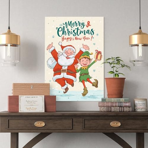 JDBeehpy Merry Christmas & Happy New Year Wall Art Poster Santa Claus and Elf Frame Canvas Print Painting Lively Cheerful Home Decor Mural 08x12inch(20x30cm) - color: Elf Frame, size: 12L" x 8W"